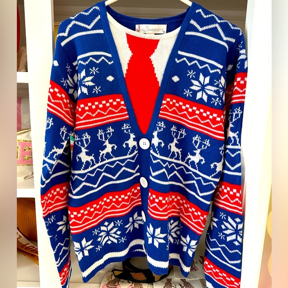 Jolly Sweaters Other - Jolly Sweaters Faux Cadigan Tie Vest‎ Ugly Christmas Holiday Sweater MEDIUM